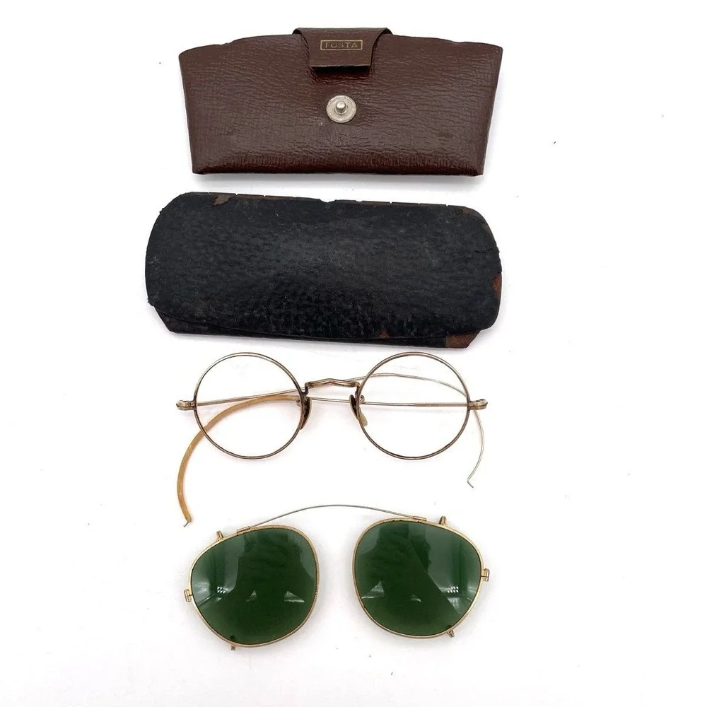 VTG 10K Gold Filled Round Wire Rim Eyeglasses w/ Clip-On Green Sunglasses & Case